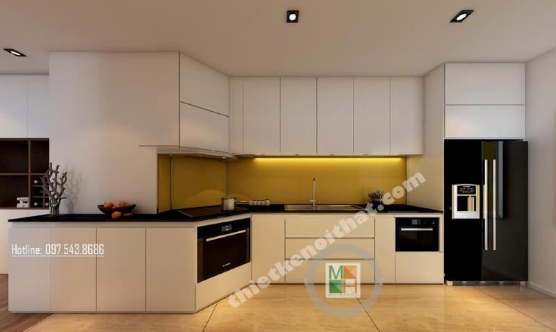 Mẫu tủ bếp gỗ công nghiệp được thiết kế một cách khéo léo, khu vực sơ chế và khu vực bếp nấu được bố trí khoa học, tạo cho người nội trợ dễ dàng nấu nướng hơn Tủ bếp màu trắng và màu nâu đẹp