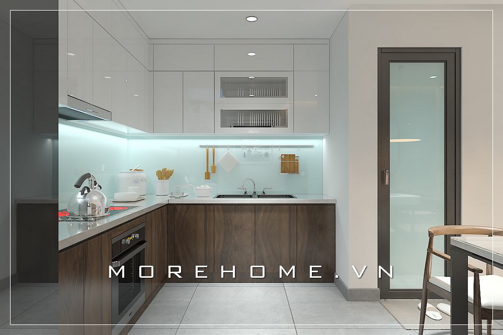 Mẫu tủ bếp chữ L màu trắng hiện đại cho phòng bếp đẹp Tủ bếp màu trắng và màu nâu đẹp