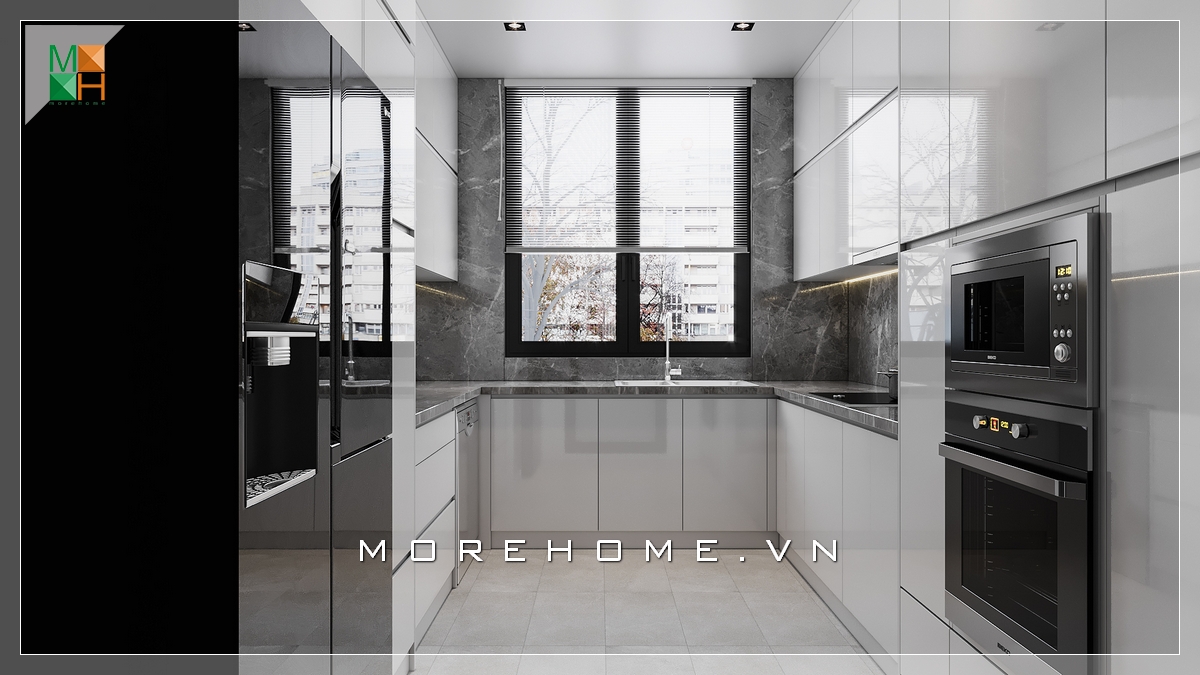 Chiêm ngưỡng mẫu thiết kế phòng bếp chung cư, nhà phố rất sang trọng và tiện nghi, thiết kế bếp có cửa sổ rất thông thoáng và hiện đại Thiết kế phòng bếp chung cư hiện đại
