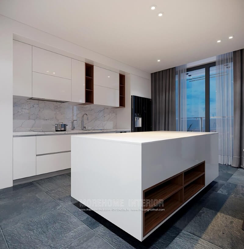 Tủ bếp gỗ công nghiệp được thiết kế thông minh với ngăn tủ phân chia hợp lí tạo cho gia chủ thuận tiện hơn trong quá trình nấu nướng và sử dụng Tủ bếp gỗ công nghiệp và tủ bếp acrylic