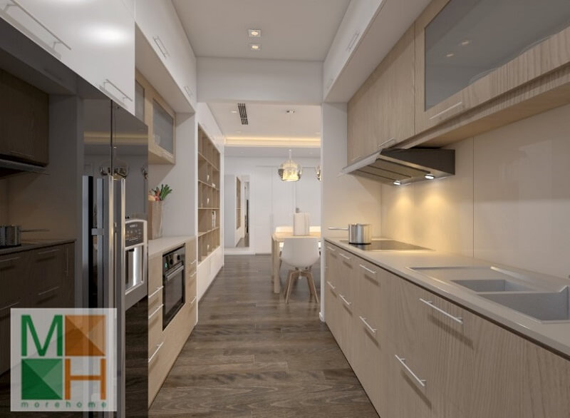 Mẫu thiết kế hệ tủ bếp gỗ đẹp sử dụng gỗ công nghiệp An Cường cao cấp màu sáng mang đến vẻ đẹp cho phòng bếp Thiết kế tủ bếp đẹp