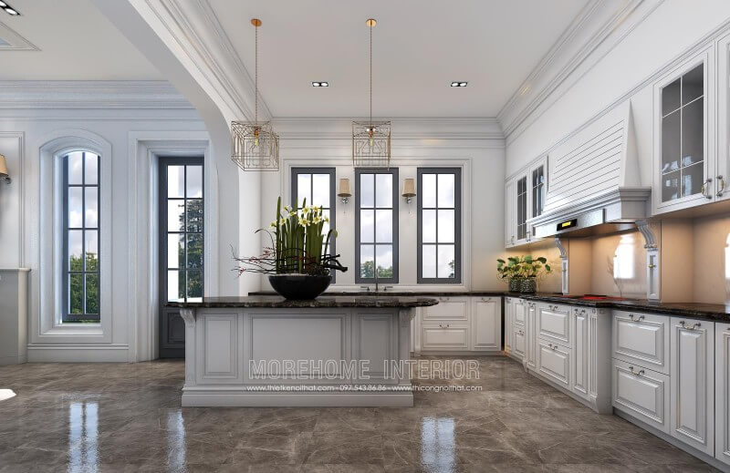 Mẫu thiết kế tủ bếp gỗ sồi phun sơn cao cấp phong cách tân cổ điển tại Đà Nẵng Thiết kế tủ bếp đẹp