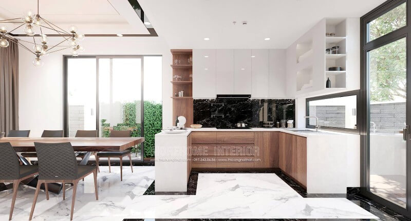 Mẫu tủ bếp cao cấp được thiết kế ấn tượng với sự phân chia khoa học mang lại sự thuận tiện cho người nấu. Tủ bếp màu nâu