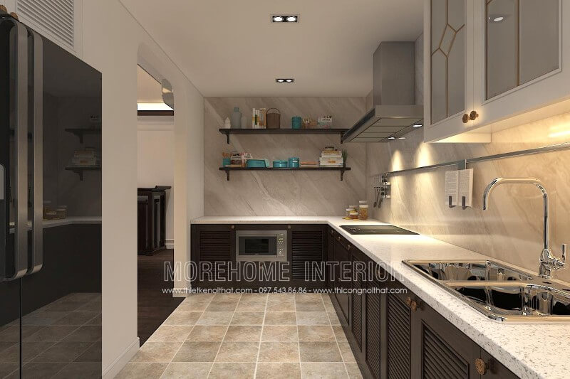 Mẫu tủ bếp gỗ tần bì nhập khẩu phun sơn màu nâu cao cấp mang lại sự sang trọng cho cả không gian Tủ bếp màu nâu