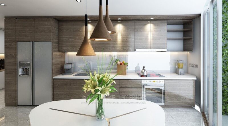 Mẫu tủ bếp hiện đại với gam màu nâu nhẹ nhàng khơi gợi nên một không gian sang trọng và ấm cúng Tủ bếp màu nâu