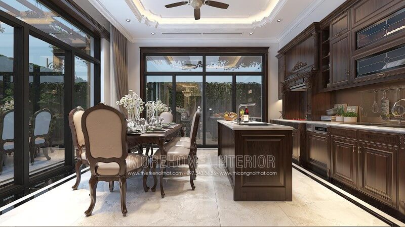 Sự kết hợp hài hòa giữa những đường nét tinh tế của phong cách tân cổ điển và sự trẻ trung, năng động của phong cách hiện đại, tủ bếp gỗ cao cấp nhập khẩu mang đến không gian sang trọng và đầy tinh tế Tủ bếp gỗ, tủ bếp gỗ tự nhiên, tủ bếp tân cổ điển