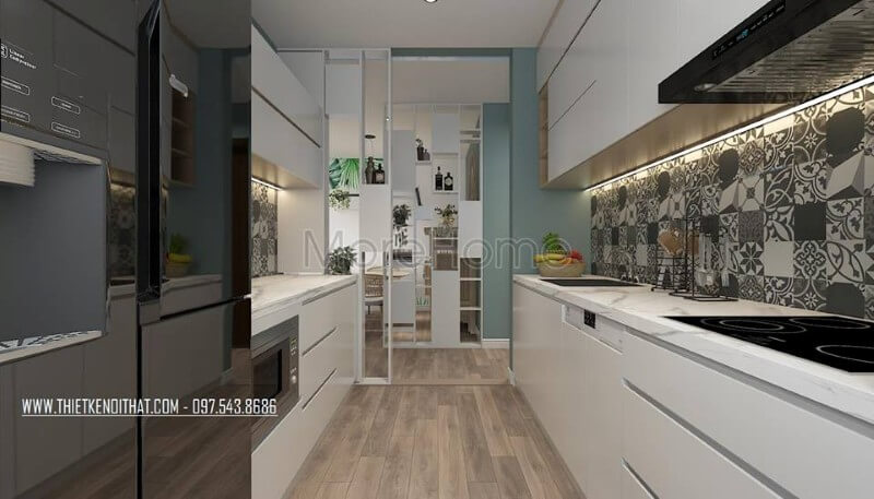 Căn hộ sở hữu diện tích tương đối nhỏ, thiết kế bếp âm tường tiết kiệm diện tích, đồ nội thất đa năng đáp ứng nhu cầu người nội trợ. Thiết kế phòng bếp, tủ bếp đẹp