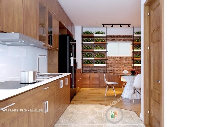 Mẫu thiết kế nội thất phòng bếp chung cư cao cấp tiện nghi với đồ nội thất gỗ hiện đại cao cấp và tận dụng tối đa ánh sáng tự nhiên Thiết kế phòng bếp, tủ bếp đẹp