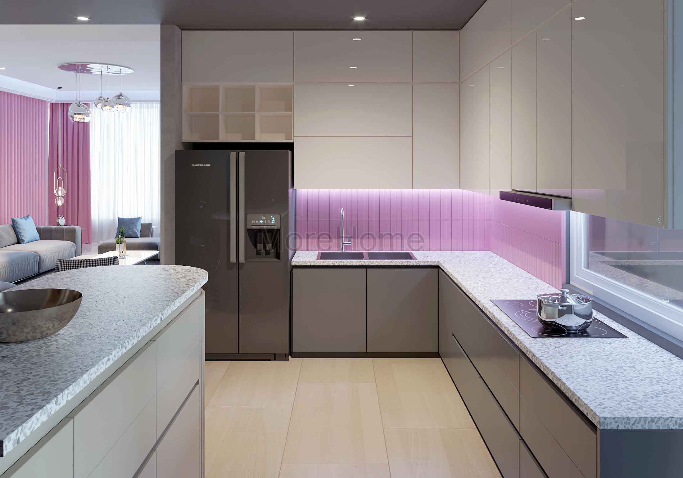 Mẫu tủ bếp gỗ màu ghi xám, mặt bếp ốp đá cao cấp tạo nên không gian bếp sạch sẽ và thoáng rộng Thiết kế phòng bếp, tủ bếp đẹp