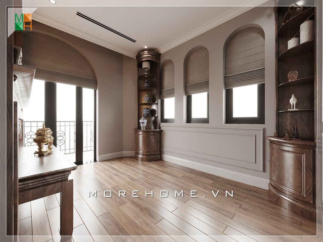 KTS còn thiết kế các ô cửa sổ và cửa ban công hết sức sáng tạo và lạ mắt mang phong cách tân cổ điển, giúp căn phòng đón được ánh nắng mặt trời nhiều nhất có thể tạo cảm giác thông thoáng cho căn phòng.