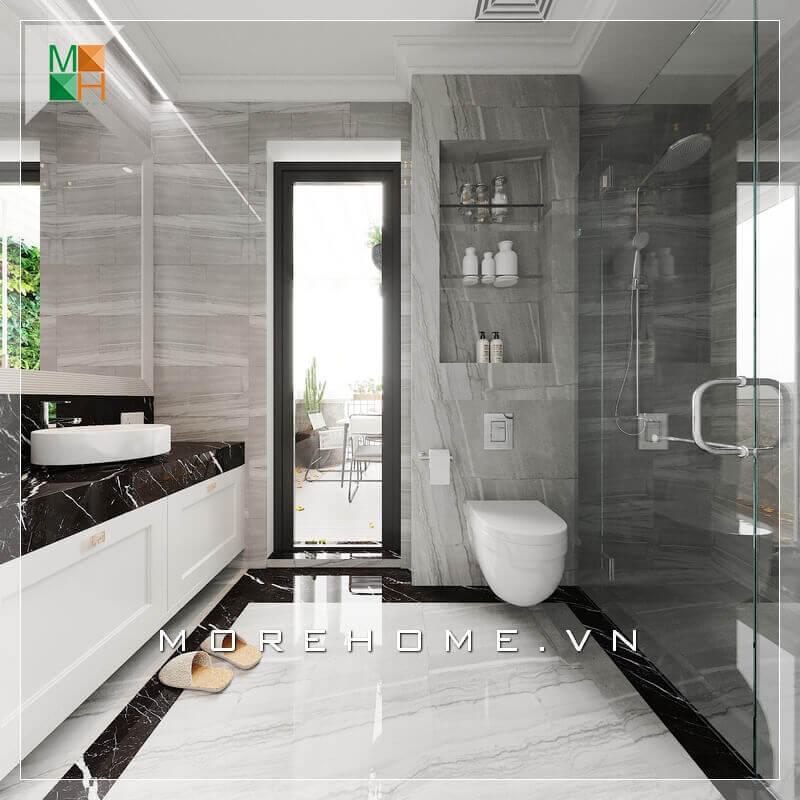 Thiết kế nhà vệ sinh kết hợp nhà tắm rất tiện lợi và phù hợp với diện tích căn phòng biệt thự, nhà phố. Sử dụng gạch lát nền và gạch ốp tường đẹp cũng là một điểm cần chú ý.