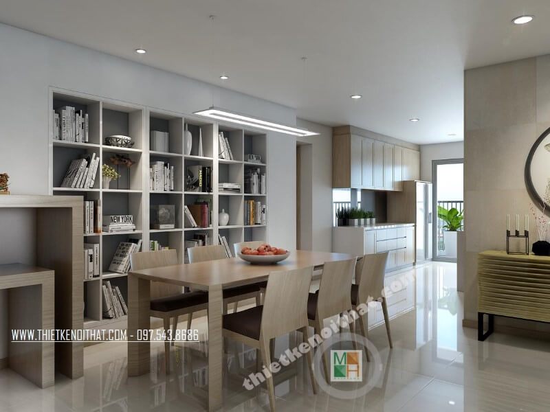 Thiết kế nội thất phòng ăn hiện đại kết hợp tủ âm tường cách tân làm kệ, giá sách, kiến trúc sư đã tiết kiệm tối đa không gian mà vẫn đảm bảo tính công năng của sản phẩm