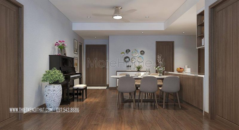 Phòng ăn được thiết kế nội thất với bộ bàn ăn 6 ghế hiện đại liên thông với phòng khách, tạo không gian sống linh hoạt và tiện dụng