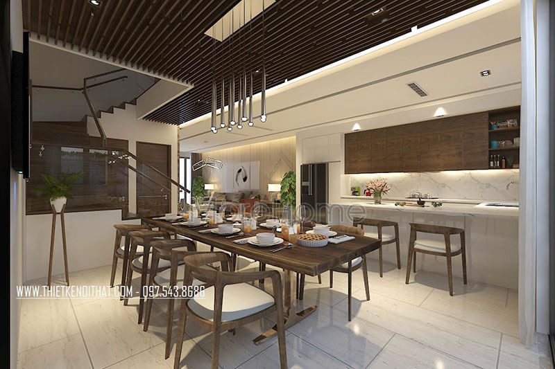 Không gian ăn uống rộng được thiết kế cạnh bếp mang đến sự tiện nghi, gần gủi