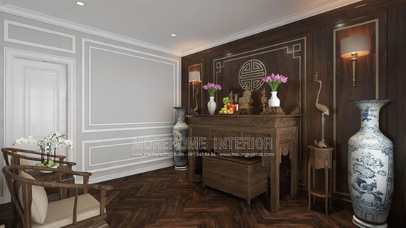 Thiết kế nội thất phòng thờ gỗ óc chó đẹp sang trọng ấn tượng từ nội thất gỗ óc chó cao cấp cùng cách kết hợp đồ khéo léo từ tủ thờ, tấm ốp tường chữ Thọ, kệ trang trí, bộ ghế bành đẹp mắt.