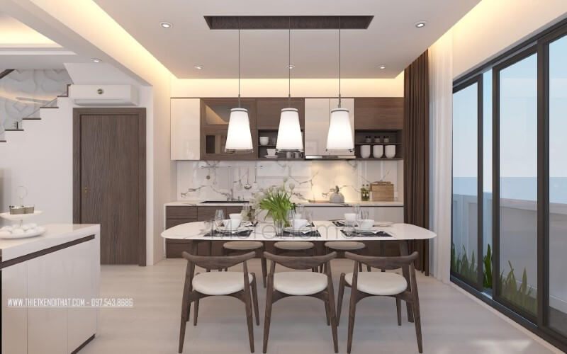 Trang trí phòng bếp ăn gỗ óc chó hiện đại, đẹp, sang trọng