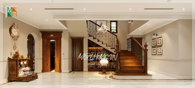 Cầu thang gỗ là cầu nối giữa không gian tầng trên và tầng dưới trong tổ ấm của gia đình.