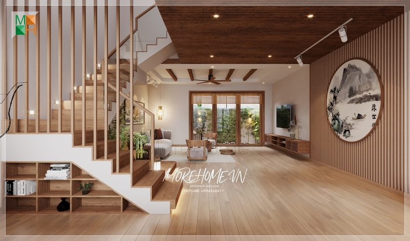 Cầu thang gỗ kính hiện đại tạo sự rộng rãi thông thoáng thẩm mỹ cao