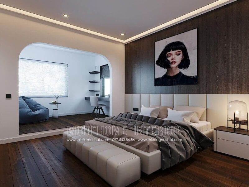 Bố trí nội thất phòng ngủ nữ hiện đại ấn tượng với đầu giường bọc nệm trắng kẻ sọc đẹp.