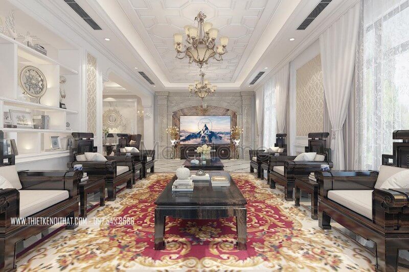 Thiết kế nội thất cho biệt thự với chất liệu gỗ cao cấp theo phong cách tân cổ điển.